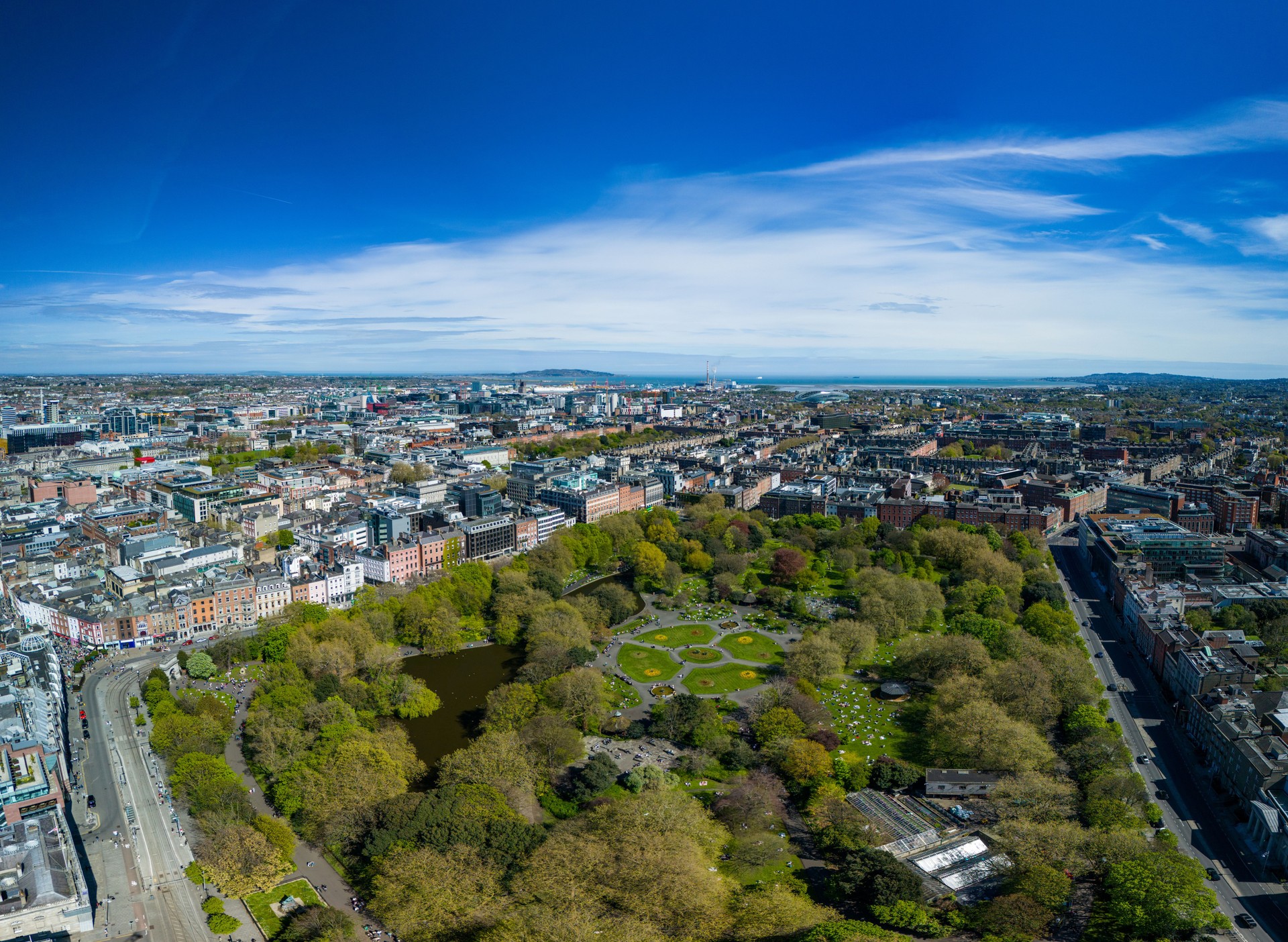Aerial View of St. Stephen’s Green Park Overlooking Dublin Bay