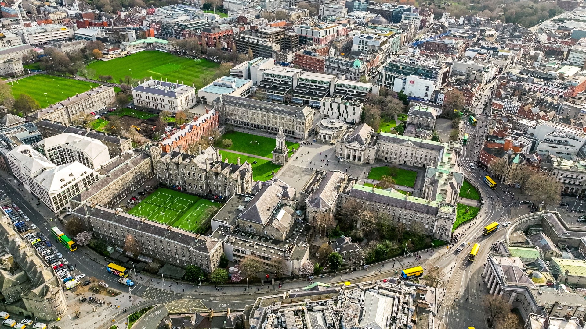 Aerial view of Dublin Ireland city centre, aerial view of Dublin skyline, european city life and traffic, bustling city centre, aerial view of Trinity College in Dublin city